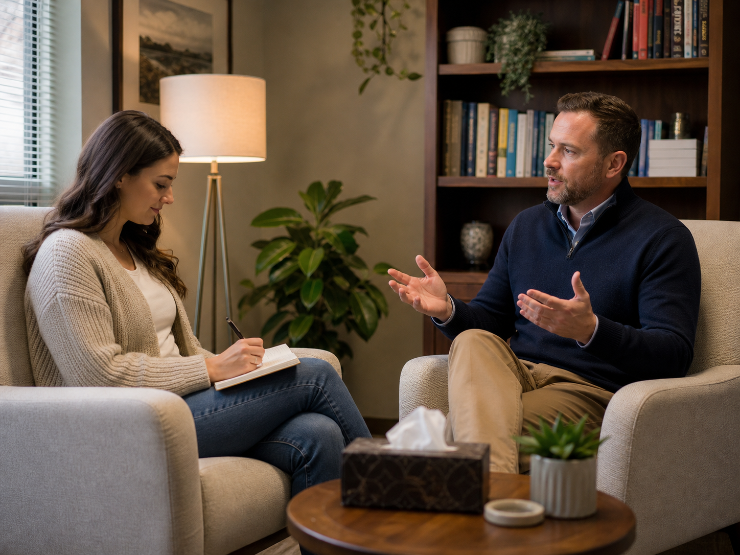 Woman writing private notes while a provider clearly explains the hypnosis session process