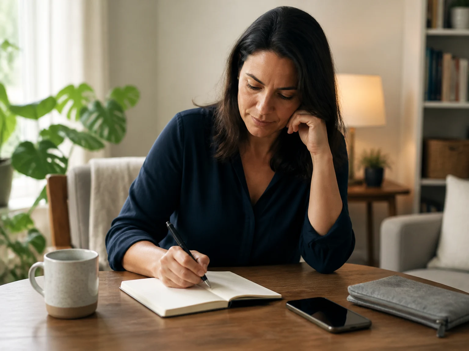 A person writes a short list of questions in a notebook while preparing for a first hypnotherapy appointment.