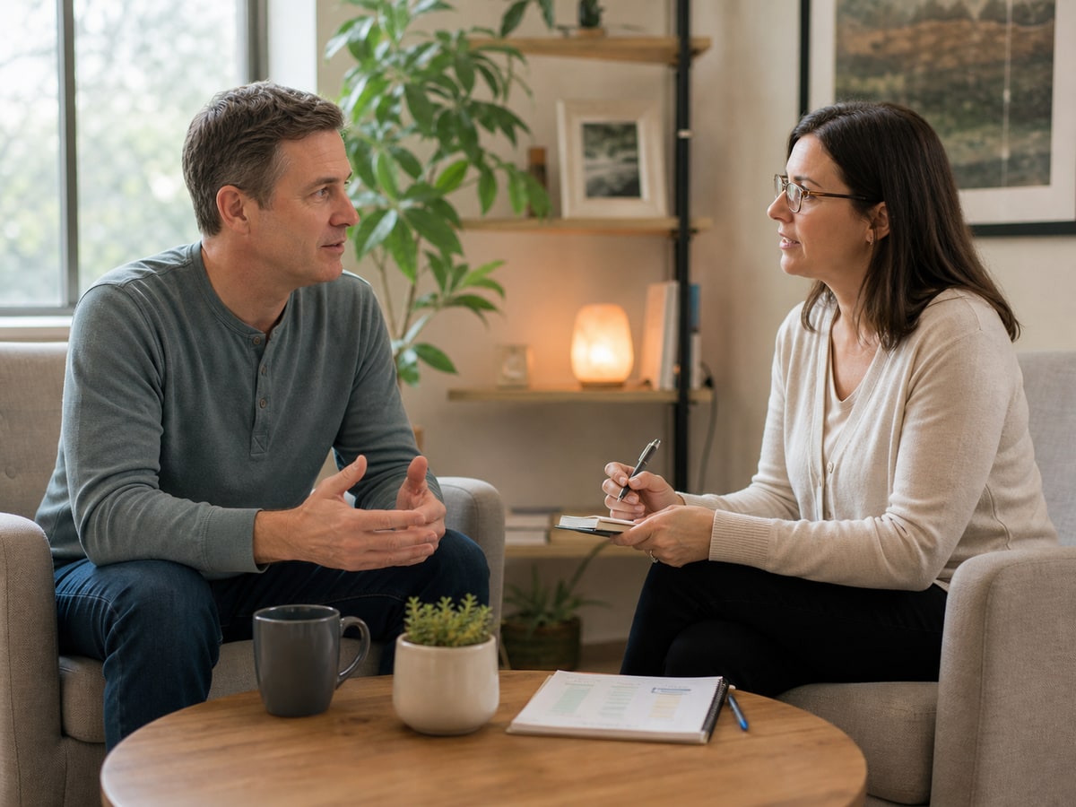 A therapist conducting a client evaluation session emphasizing attentive listening and note-taking, indicating the evaluation process.