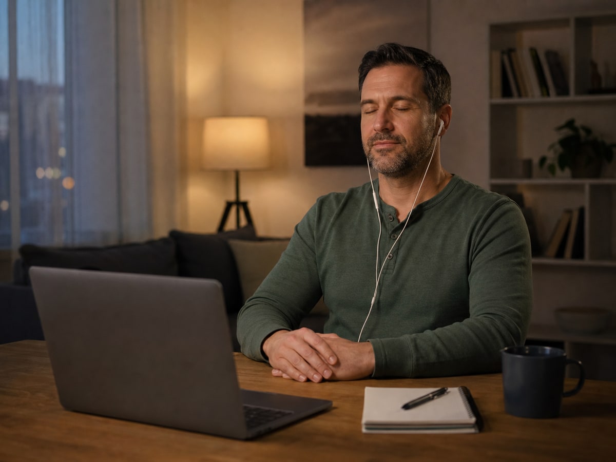 Man participating in a remote hypnotherapy or consultation session from bed.