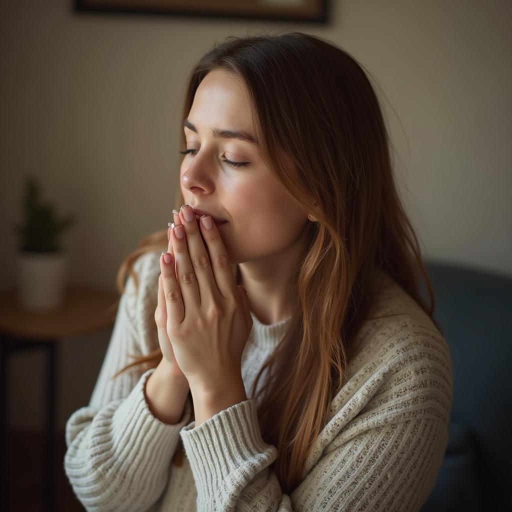 An adult woman interrupts a kitchen habit by choosing a water alternative and appearing to consider or prepare for walking out, illustrating a health-conscious behavioral pause.