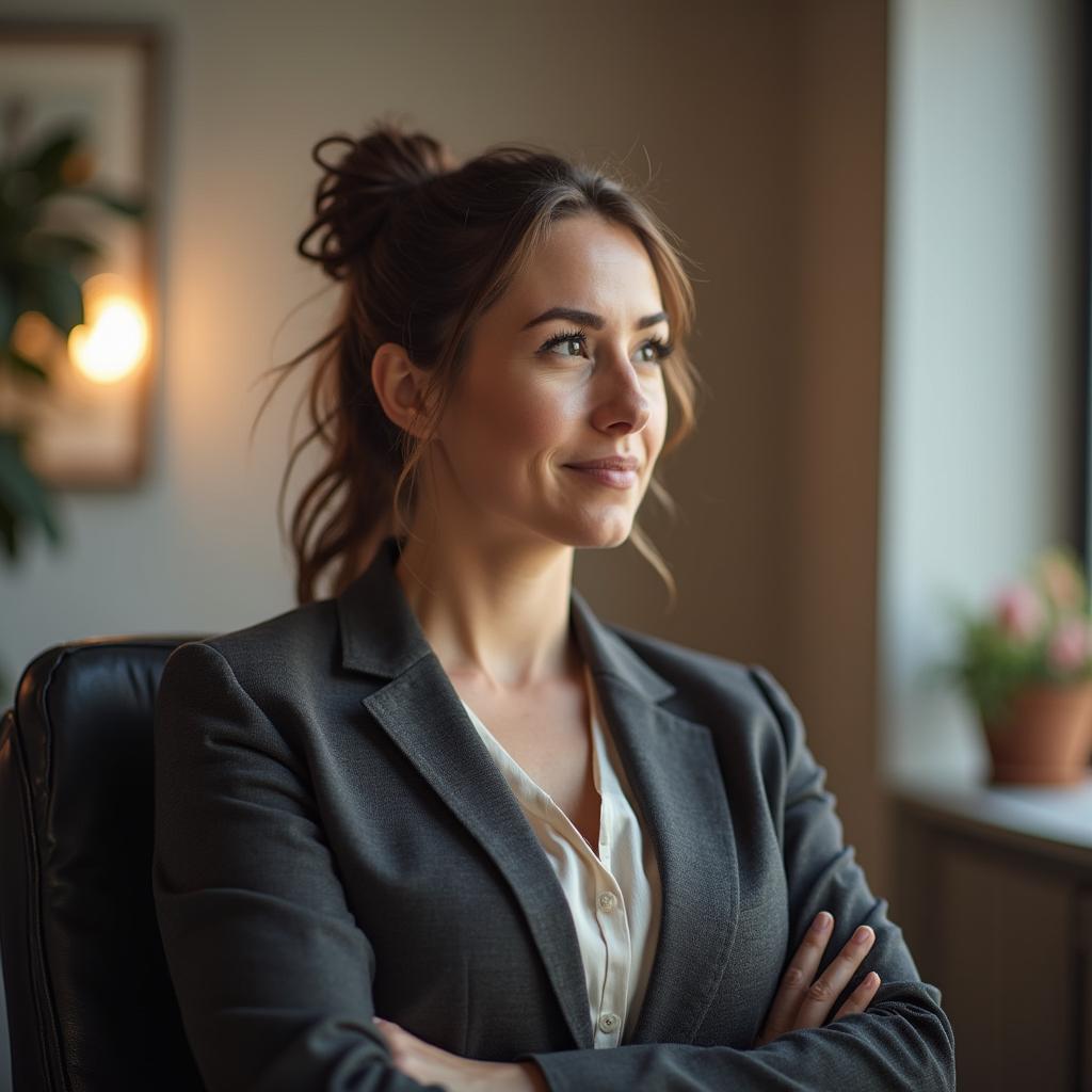 An adult sitting with confident posture in a calm office-like setting, suggesting practical next steps for confidence hypnosis support in Dayton.