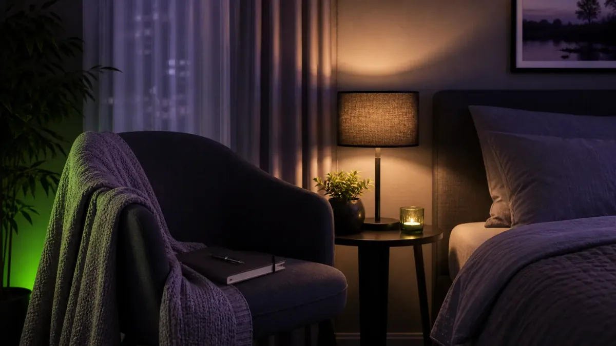 Calm dark bedroom wind-down space for Everleigh Hypnosis sleep and insomnia questions in Dayton