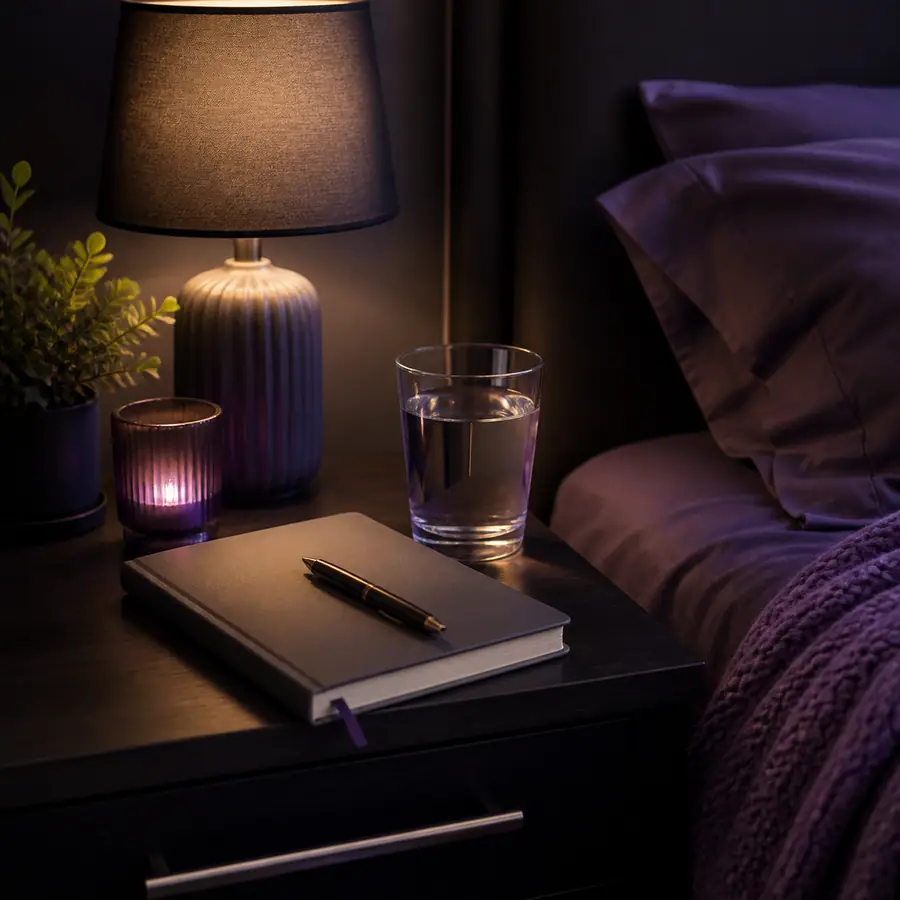 Bedside table with journal water and warm lamp for Dayton sleep hypnosis preparation