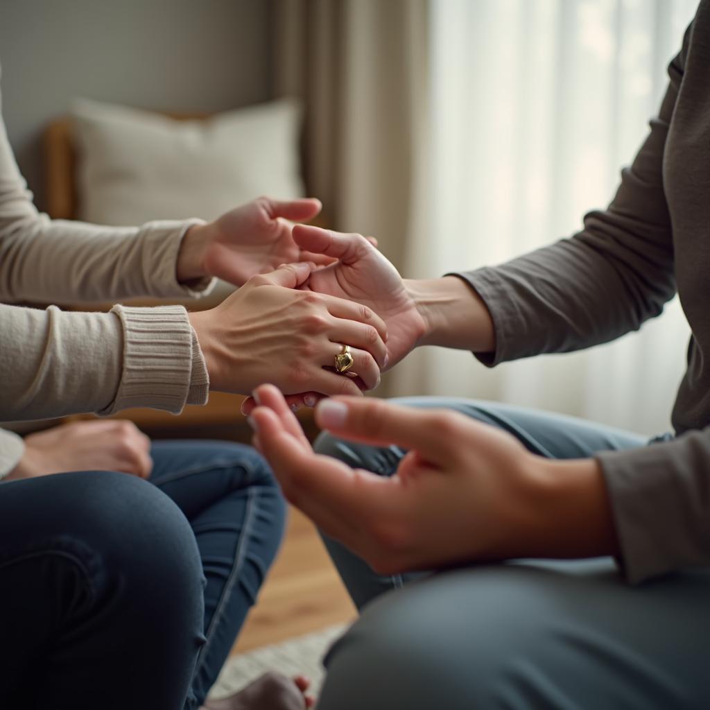 A calm private hypnosis consultation scene showing a Dayton reader asking practical session questions. Created for Everleigh Hypnosis readers in Dayton, OH.