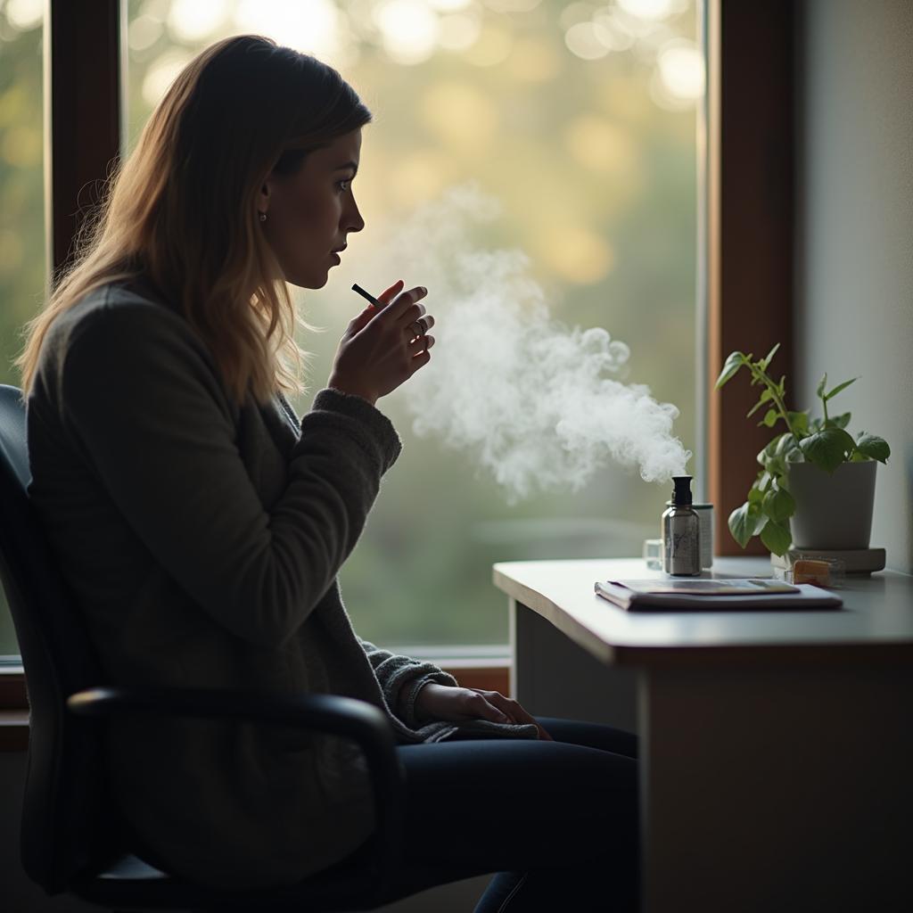 A realistic adult client considering freedom from nicotine habits in a calm private-practice setting, with subtle cues like a closed pack, vape device set aside, or a clean fresh-air window view for Everleigh Hypnosis readers in Dayton, OH.