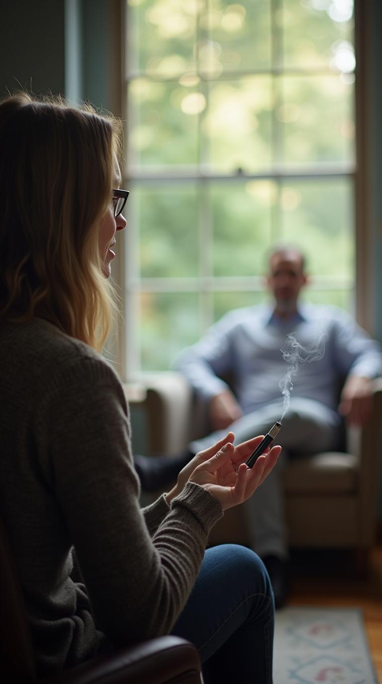 A quiet office scene showing nicotine habit triggers being discussed with a supportive hypnotherapy professional. Created for Everleigh Hypnosis readers in Dayton, OH.