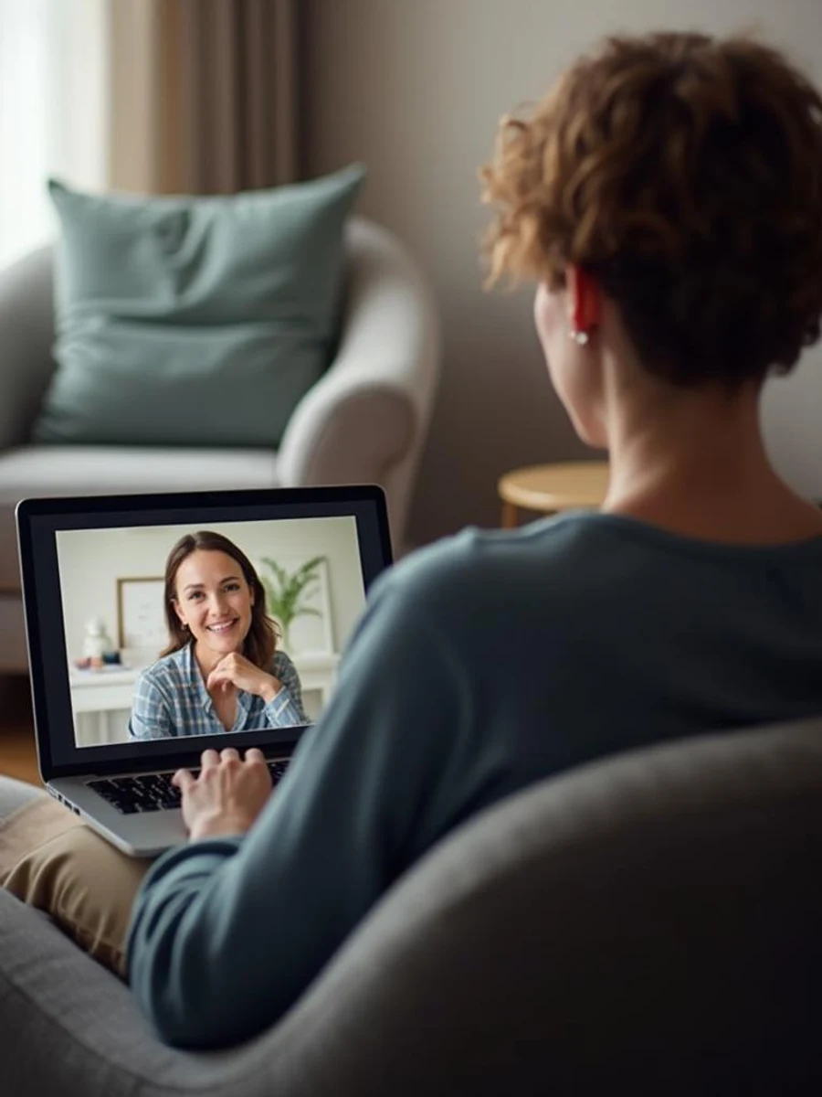 A woman is visibly participating in a live remote hypnotherapy session at home, reclining with eyes closed on a leather armchair, while a therapist on the tablet screen gestures and interacts in a supportive manner.