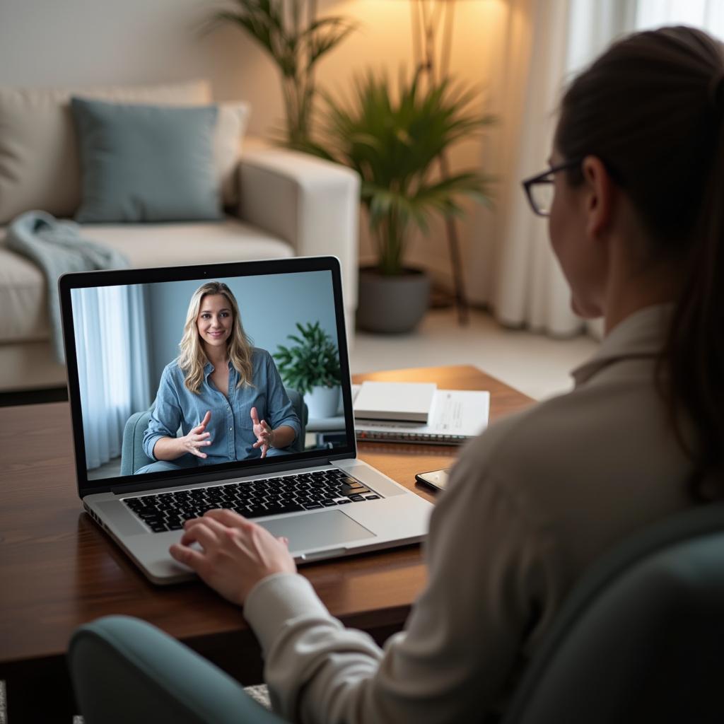 A calm virtual hypnotherapy setup with an adult client using a laptop in a private comfortable room, with a professional on screen and subtle Dayton-area context for Everleigh Hypnosis readers in Dayton, OH.