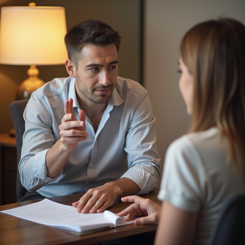 A calm private hypnosis consultation scene showing a Dayton reader asking practical session questions. Created for Everleigh Hypnosis readers in Dayton, OH.