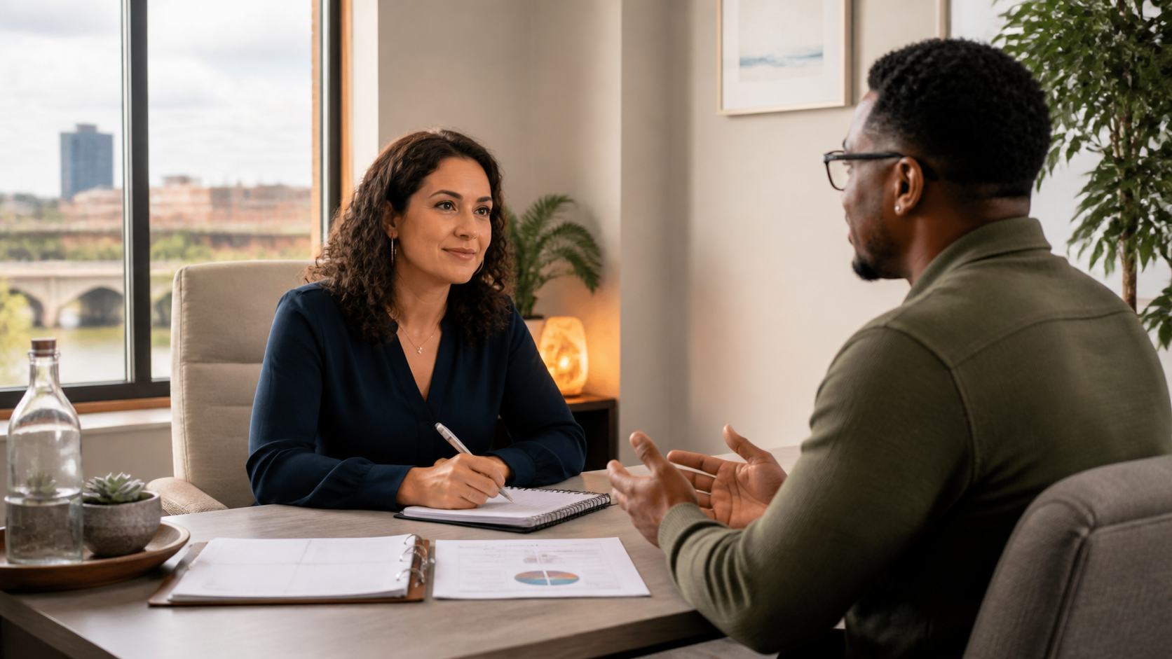A calm hypnotherapy consultation conversation with planning notes and budgeting materials on the desk