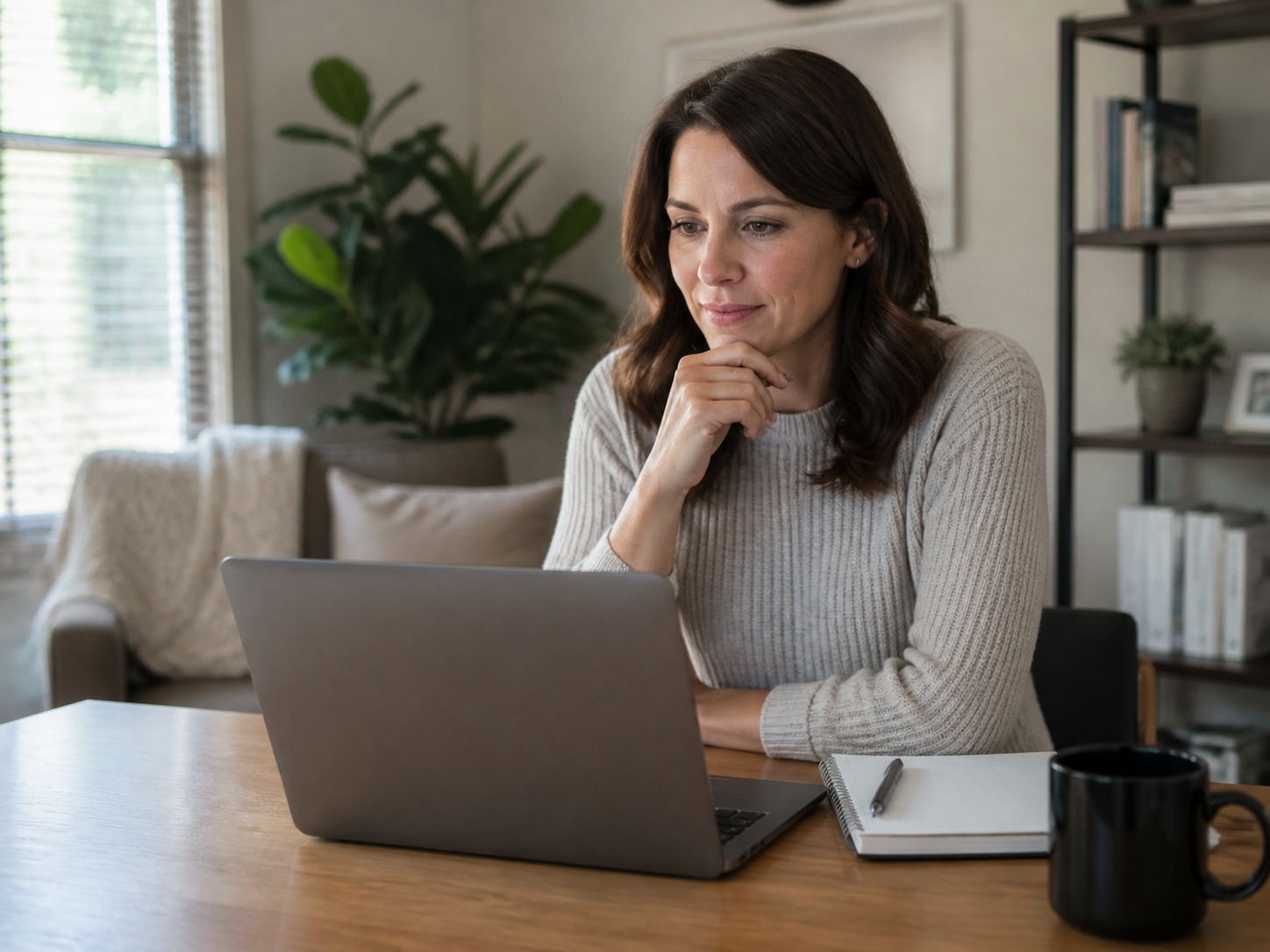 A Dayton-area client privately comparing virtual appointment options from home with a notebook nearby