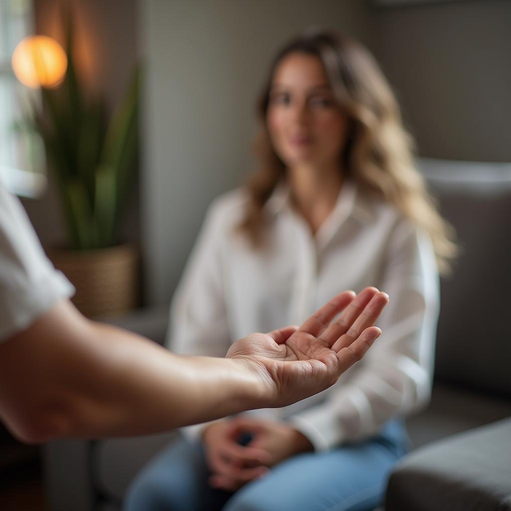 A calm private hypnosis consultation scene showing a Dayton reader asking practical session questions. Created for Everleigh Hypnosis readers in Dayton, OH.