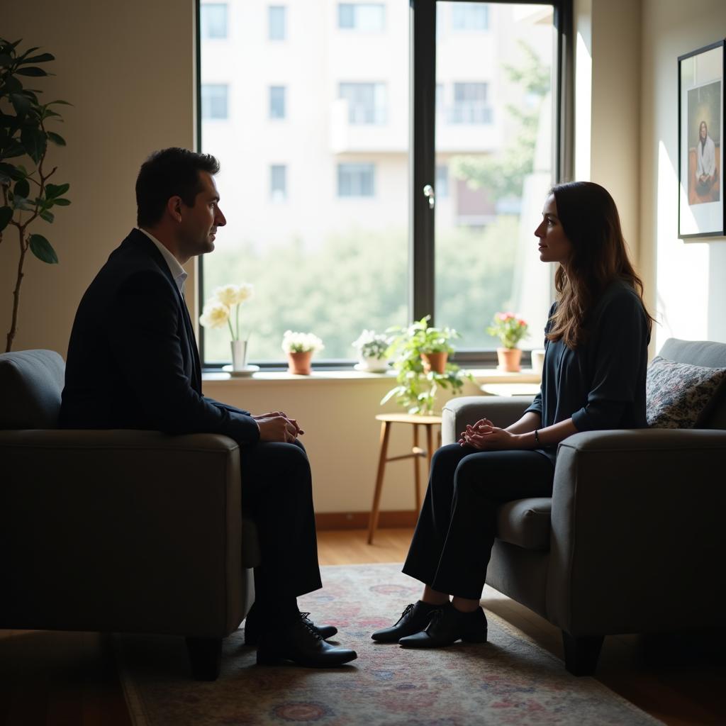 A calm Dayton hypnotherapy consultation scene focused on stress questions and anxious habit support. Created for Everleigh Hypnosis readers in Dayton, OH.