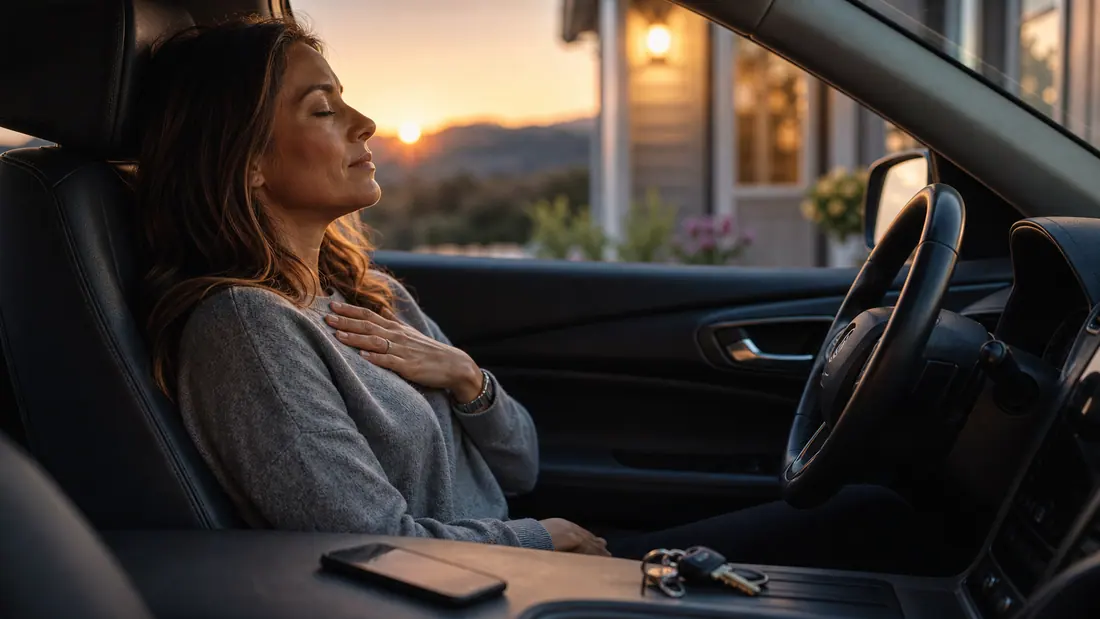 Calm evening car scene showing a pause before reacting to stress