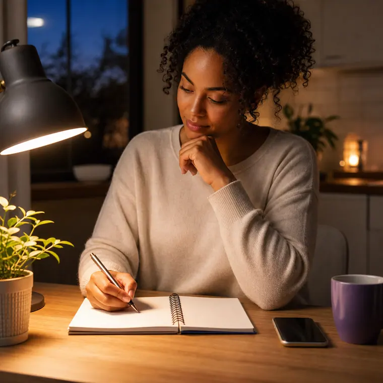 Calm evening notebook scene for tracking stress patterns before hypnotherapy