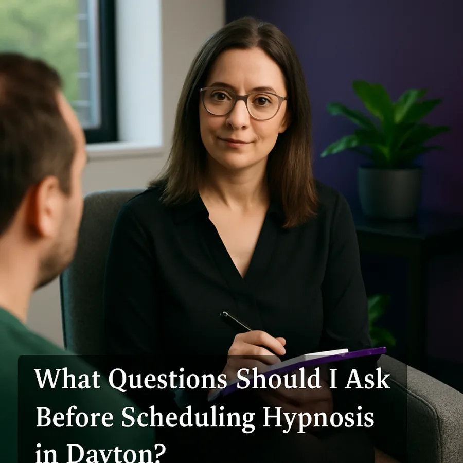 A calm private hypnosis consultation scene showing a Dayton reader asking practical session questions. Created for Everleigh Hypnosis readers in Dayton, OH.