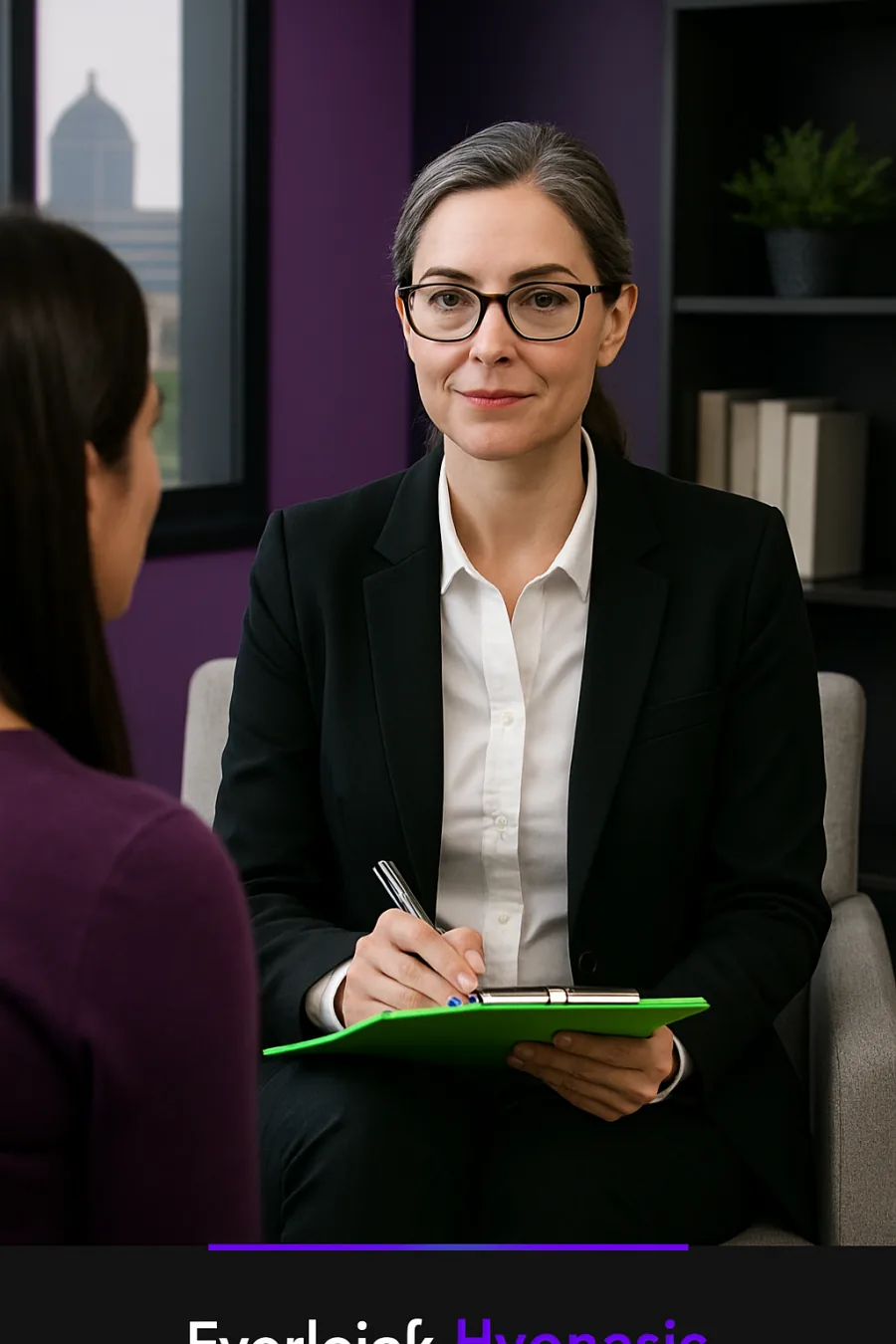 A preparation scene with a notebook and comfortable office setting before a hypnotherapy appointment. Created for Everleigh Hypnosis readers in Dayton, OH.